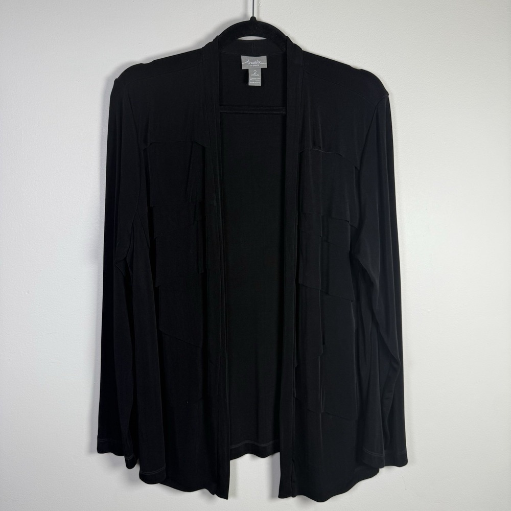 Chico's Travelers Black Tiered Open Front‎ Cardigan Size Large